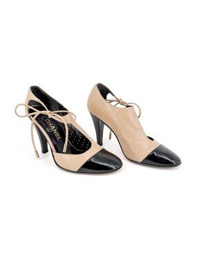 Chanel CC Two Tone Cutout Bootie Pumps Heels Beige Black Size 36.5 US 5.5-6
